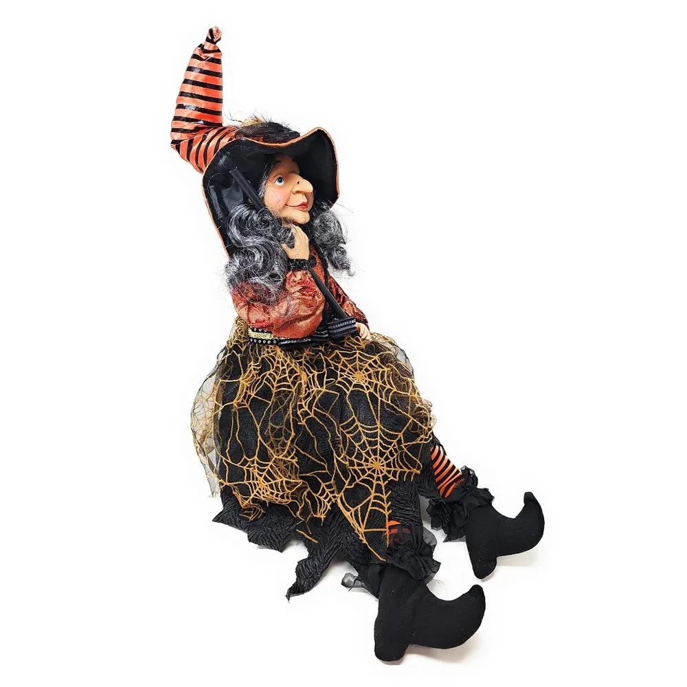24" Halloween Witch with Spiderweb Skirt and Black Broom, Party Decor Wreath - Picture 4 of 7